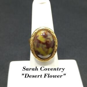 Sarah Coventry Ring, Desert Flower, Brown & Gold Tone, Size 7 Adjustable, 1970s
